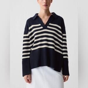 GAP 24/7 Split Hem Striped Long Sleeve Polo Sweater Navy Blue Medium
